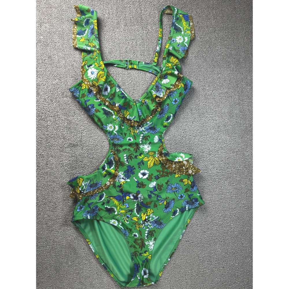 Aerie One Piece Swimsuit Large Green Floral Ruffle Cutout Monokini Full Coverage